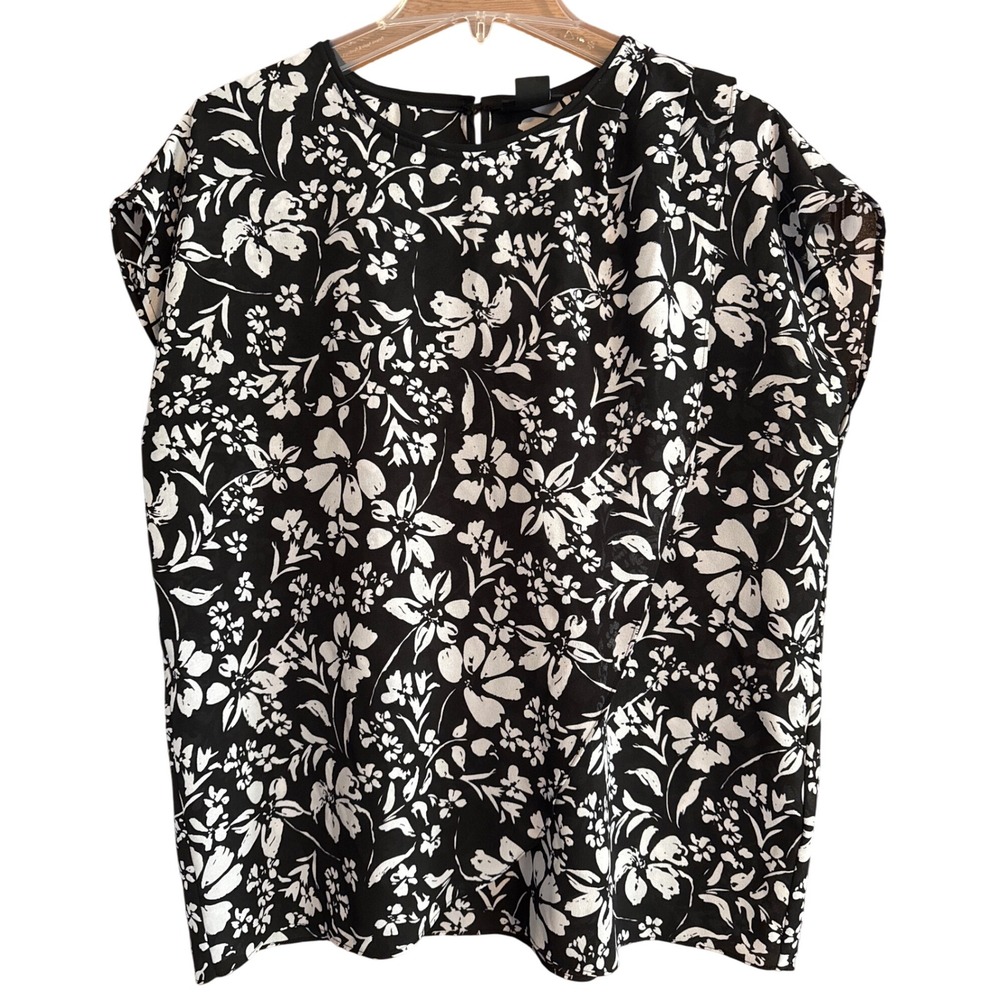 Liz Claiborne Career Black White Floral Print Cap Sleeve Blouse Top Women Size L